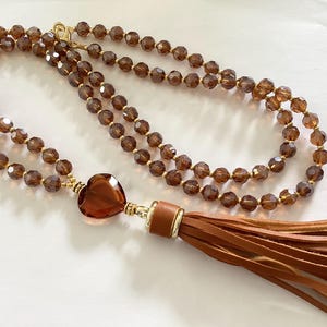 Long Brown Crystal Glass Tassel Necklace: Beaded Flapper Style