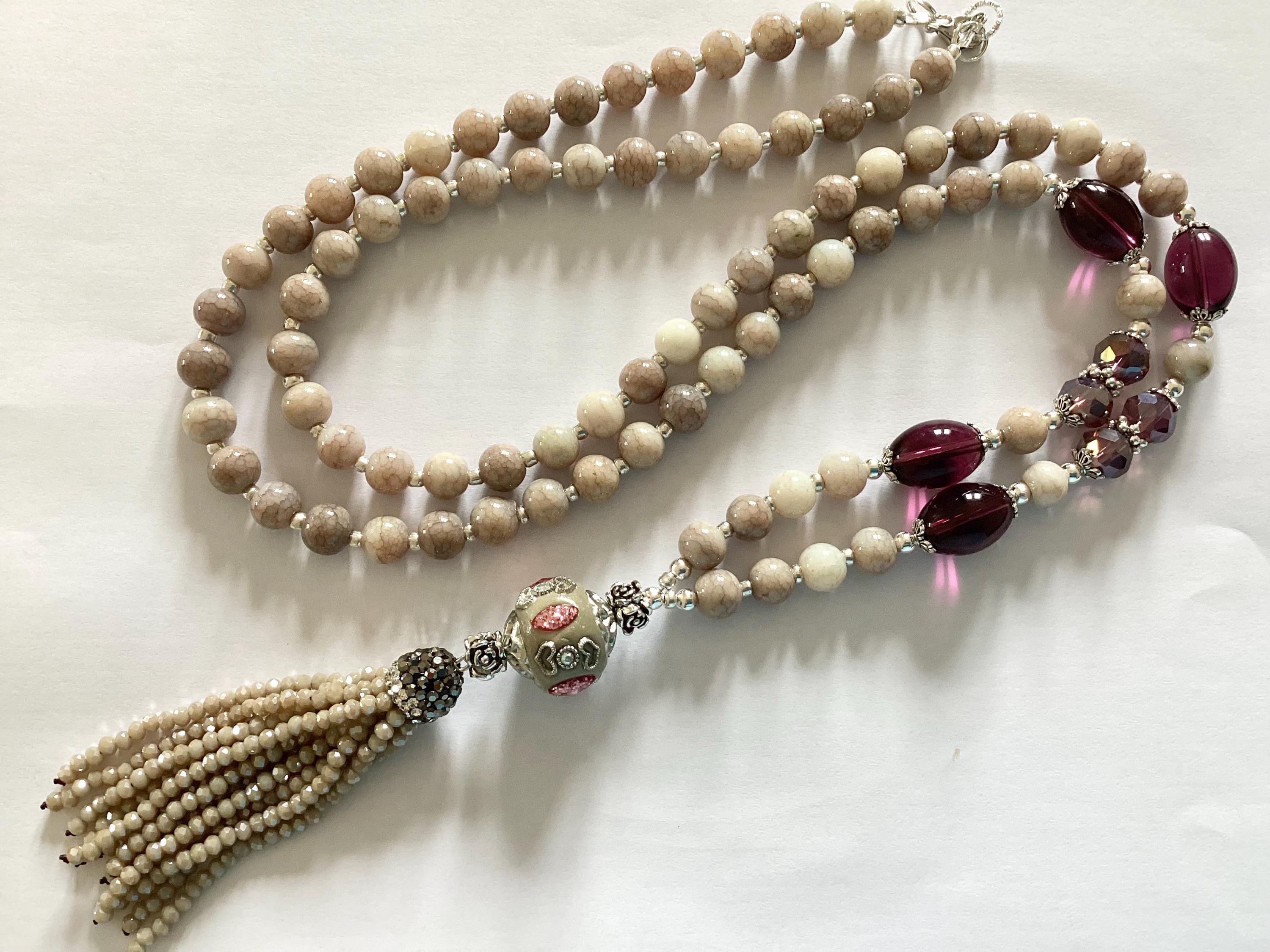 Long Coffee Marbled Glass Beaded Tassel Necklace: Handmade