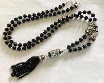 Long Black Crystal Tassel Necklace: Handmade Beaded Flapper Style