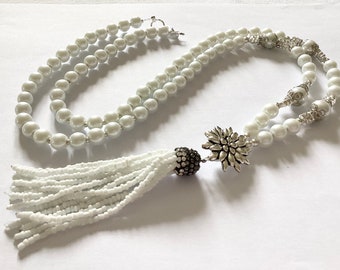 Long white glass pearl tassel necklace flapper necklace beaded necklace statement necklace handmade necklace pendant necklace