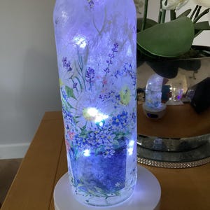Decoupage floral glass wine bottle light with battery operated cork LED lights Unique gift