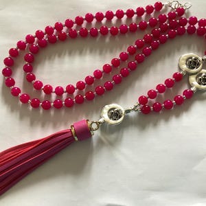Long Fuchsia Glass & Leather Tassel Necklace: Beaded Flapper Style