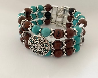 Turquoise and Mahogany Obsidian memory wire cuff bracelet beaded wire wrap bo ho bracelet handmade gemstone semi precious