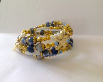 Blaues Sodalith Edelstein Memory Wire Armband: Handgemacht im Boho Stil