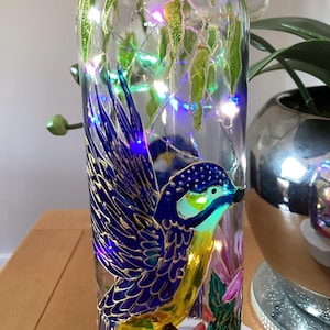 Hand painted kingfishers glass wine bottle light with battery operated cork LED lights