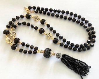 Long black gold crystal glass tassel necklace flapper necklace beaded necklace statement necklace handmade necklace pendant necklace