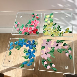 Set of four hand painted floral glass coasters Unique gift