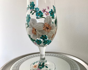 Pretty hand painted stemmed beer glass draft beer glass cocktail pina colada glass