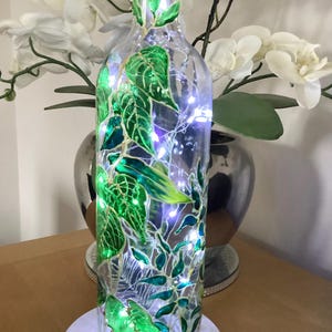 Hand painted tropical leaves glass wine bottle light with battery operated cork LED lights