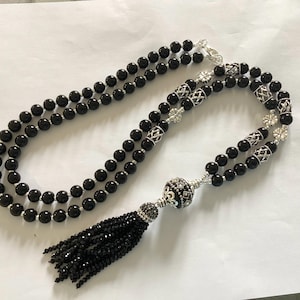Black Crystal Glass Tassel Necklace: Handmade Flapper Style