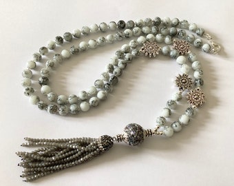 Long grey marbled glass tassel necklace flapper necklace beaded necklace statement necklace handmade necklace pendant necklace