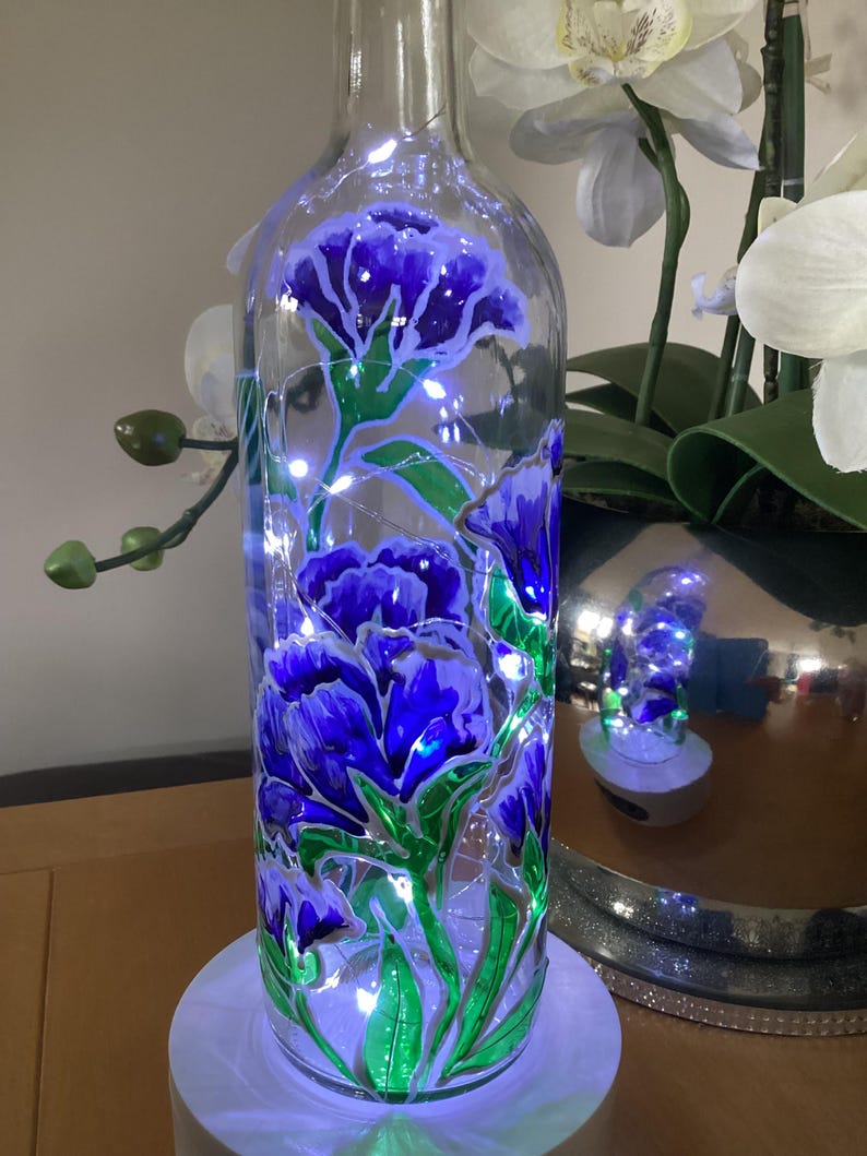 Hand Painted Blue Columbine Glass Wine Bottle Light With Battery