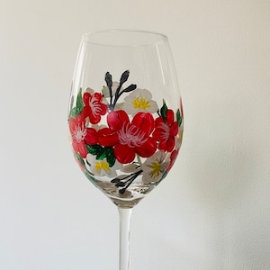 Pretty red floral hand painted fine wine glass Unique gift