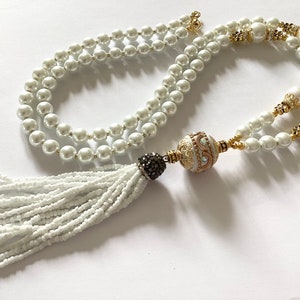 Long white glass pearl tassel necklace flapper necklace beaded necklace statement necklace handmade necklace pendant necklace