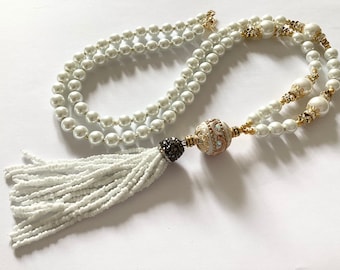 Long white glass pearl tassel necklace flapper necklace beaded necklace statement necklace handmade necklace pendant necklace