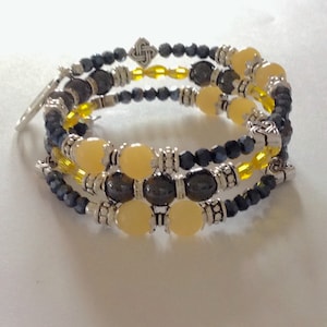 Mixed Gemstone Memory Wire Bracelet: Yellow Jade & Hematite