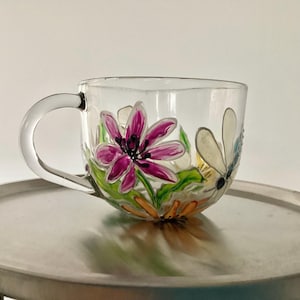 Pretty hand painted large glass tea cup coffee mug