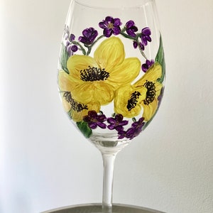 Pretty yellow floral hand painted fine wine glass
