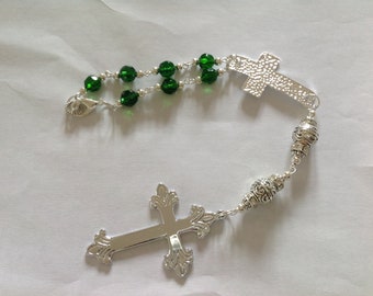 Emerald green Anglican car rosary rear view mirror prayer beads auto rosary traveller gift crystal glass religious gift St Christopher