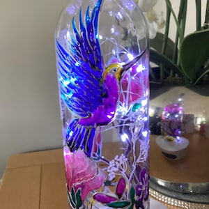 Hand painted hummingbird glass wine bottle light with battery operated cork LED lights