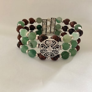 Green Adventurine and Mahogany Obsidian memory wire cuff bracelet beaded wire wrap bo ho bracelet handmade gemstone semi precious