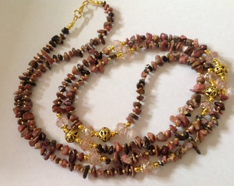 Long Pink Rhodonite  semi precious necklace pink necklace flapper necklace fashion necklace long necklace beaded necklace handmade necklace