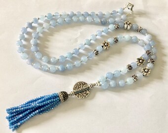 Long Aquamarine semi precious gemstone tassel necklace flapper necklace beaded statement necklace handmade necklace pendant necklace