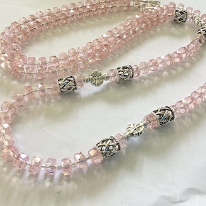 Long Pale Pink Crystal Beaded Necklace: Handmade Flapper Style