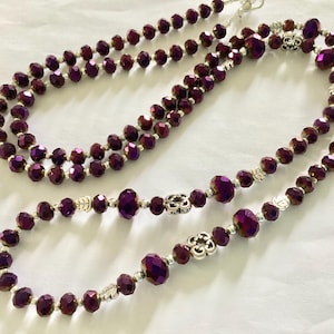 Long Purple Glass Beaded Necklace: Metallic Flapper Style
