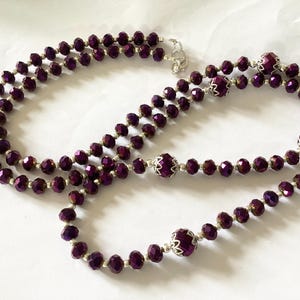 Long Purple Glass Beaded Necklace: Metallic Flapper Style