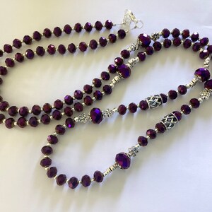 Long Purple Glass Beaded Necklace: Metallic Flapper Style