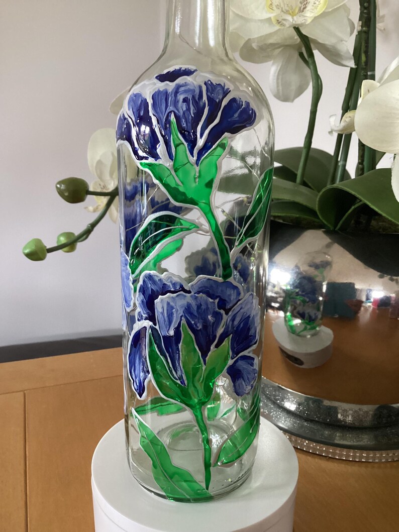 Hand Painted Blue Columbine Glass Wine Bottle Light With Battery
