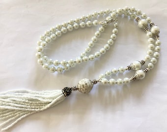 Long white glass pearl tassel necklace flapper necklace beaded necklace statement necklace handmade necklace pendant necklace