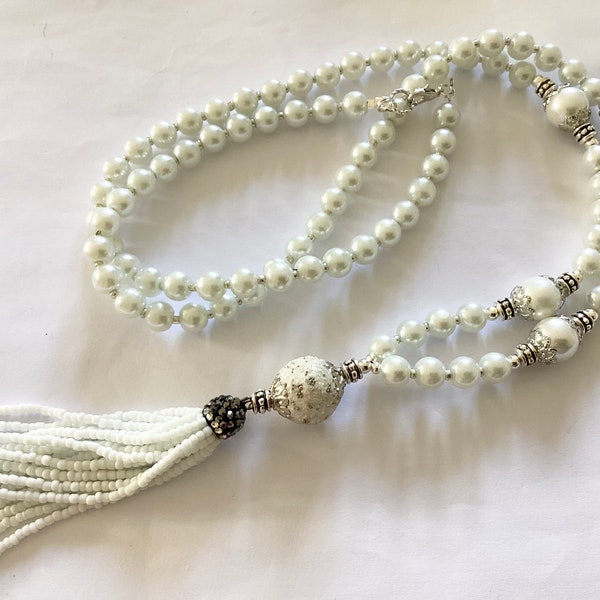 Long white glass pearl tassel necklace flapper necklace beaded necklace statement necklace handmade necklace pendant necklace