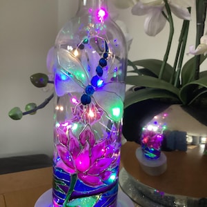 Hand Painted Dragonfly Wine Bottle Light: Water Lily Decor