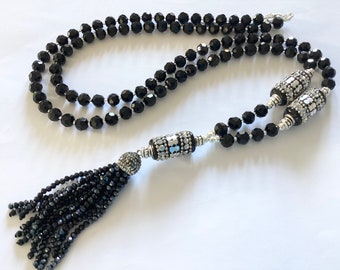 Long black crystal glass tassel necklace flapper necklace beaded necklace statement necklace handmade necklace pendant necklace