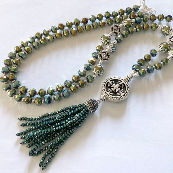 Long metallic green glass tassel necklace flapper necklace beaded necklace statement necklace handmade necklace pendant necklace