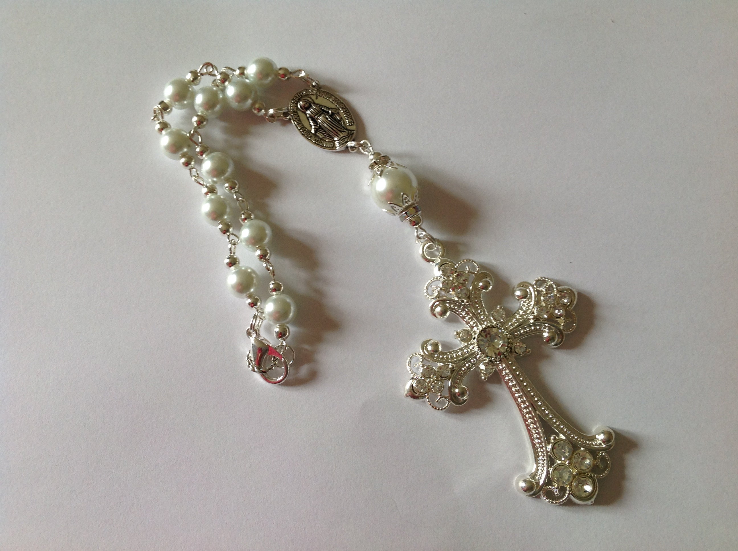 White pearl Catholic single decade car rosary rear view mirror Etsy