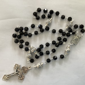 Black Crystal Glass Rosary: Handmade Spiritual Prayer Beads