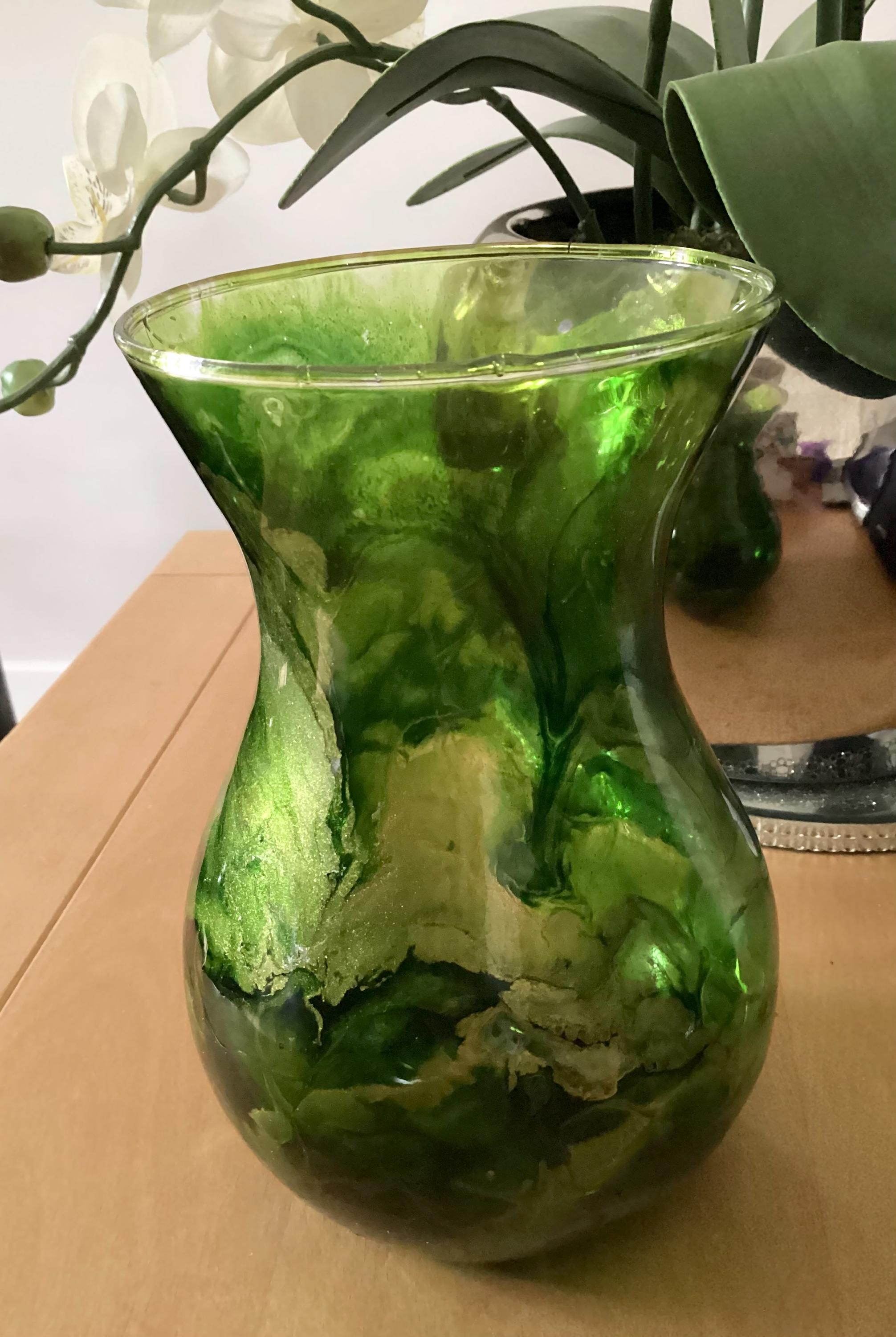 花瓶 花器 ベネチアンガラス チェコ 金彩 フラワーベース グリーン