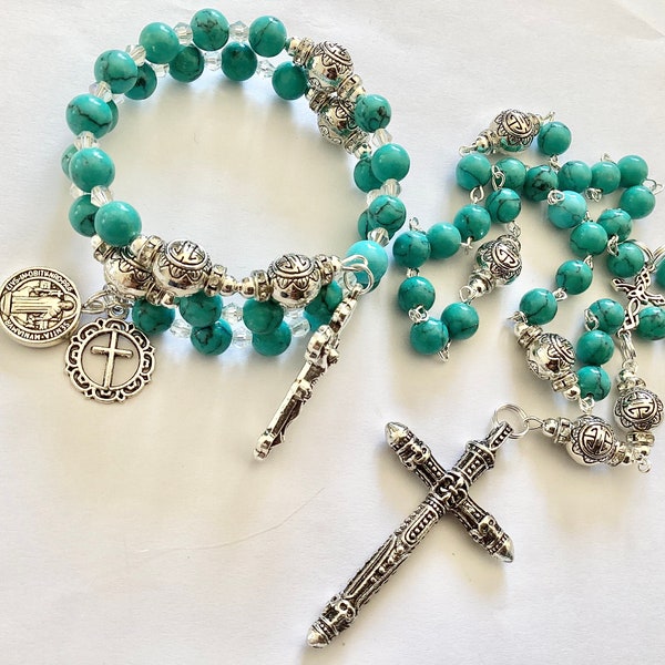 Natural turquoise Anglican prayer beads or full four week memory wire rosary bracelet Protestant Christian spiritual religious prayer beads