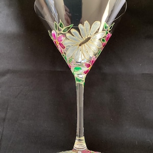 White daisy hand painted large Cristal D’ Arques martini glass cocktail glass
