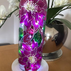 Hand painted peony glass wine bottle light with battery operated cork LED lights