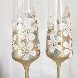 Hand Painted Champagne Flutes: Gold Floral Prosecco Glasses, Set of 2