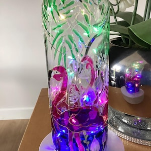 Hand painted flamingos wine bottle light with battery operated cork LED lights