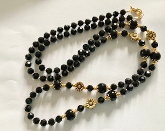 Long collier de perles de verre en cristal noir brillant, collier tendance, collier clapet, colliers faits main