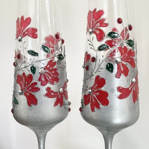 Hand Painted Champagne Flutes: Silver Prosecco Glasses with Rhinestones