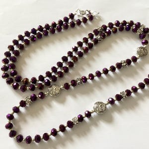 Long Purple Glass Beaded Necklace: Metallic Flapper Style