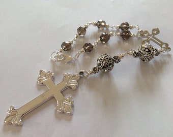 Smokey grey Anglican car rosary crystal glass rear view mirror prayer beads auto rosary St Christopher spiritual religious