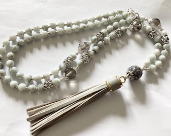 Long Grey Marbled Glass Tassel Necklace: Handmade Beaded Flapper Style